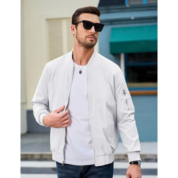 🆕 Men White Bomber Jacket Lightweight Casual Windbreaker Full Zip Spring Coat - Picture 3 of 6
